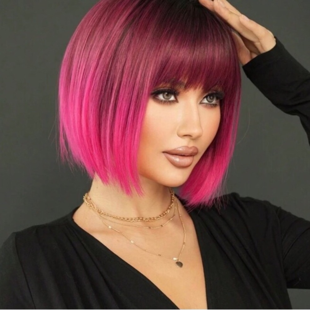 New WIG Ombre Rose Red Wig Short Straight Bob Wigs With Bangs Dark Root